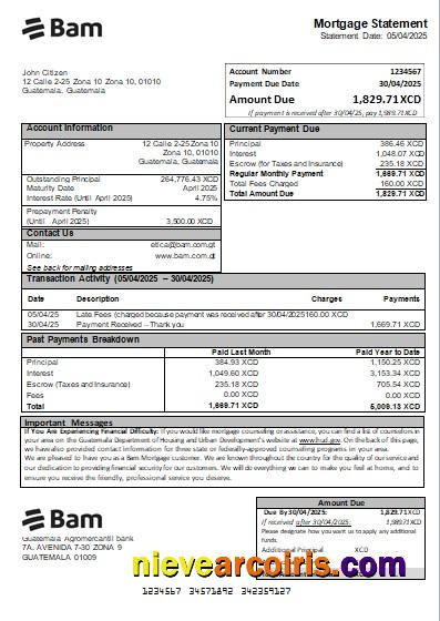 Guatemala Agromercantil bank mortgage statement